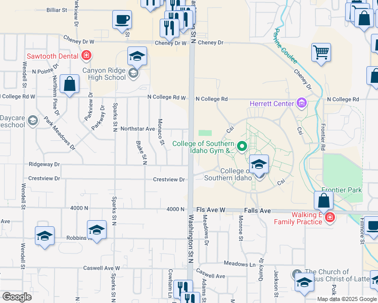 map of restaurants, bars, coffee shops, grocery stores, and more near 1147 Washington Street North in Twin Falls
