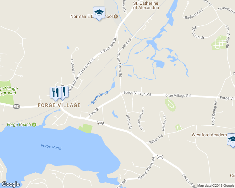 map of restaurants, bars, coffee shops, grocery stores, and more near 25 Pine Street in Westford