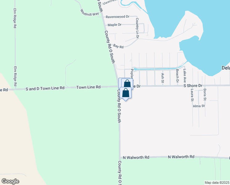 map of restaurants, bars, coffee shops, grocery stores, and more near 2499 County Road O South in Delavan