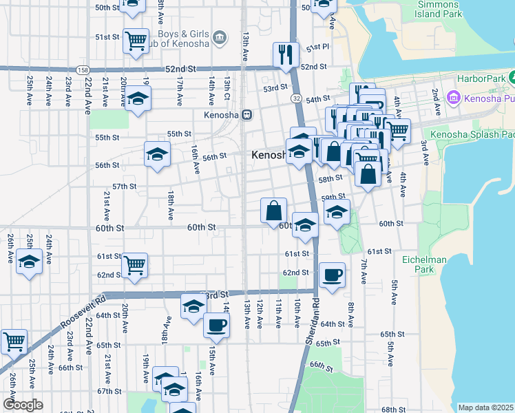 map of restaurants, bars, coffee shops, grocery stores, and more near 1204 59th Street in Kenosha