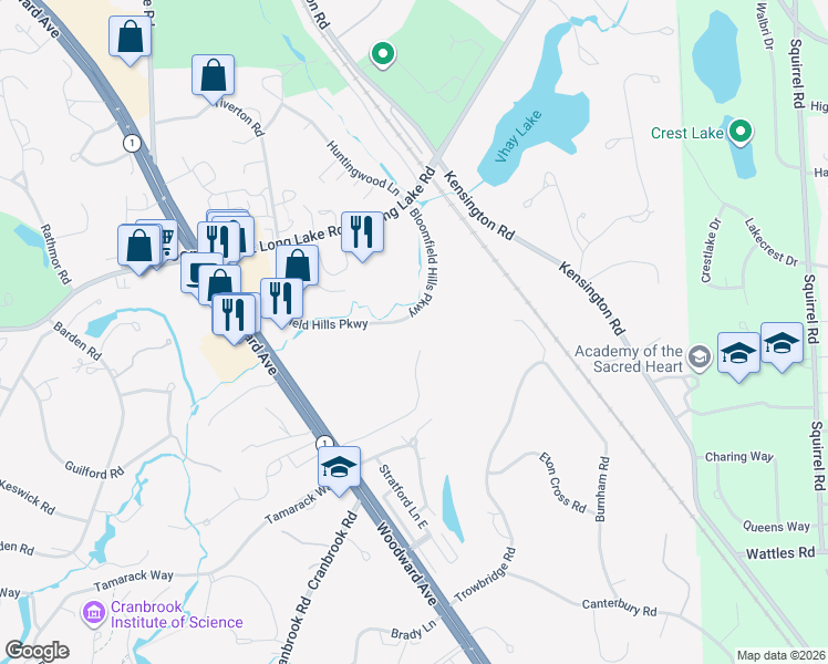 map of restaurants, bars, coffee shops, grocery stores, and more near 64 Hidden Ridge in Bloomfield Hills