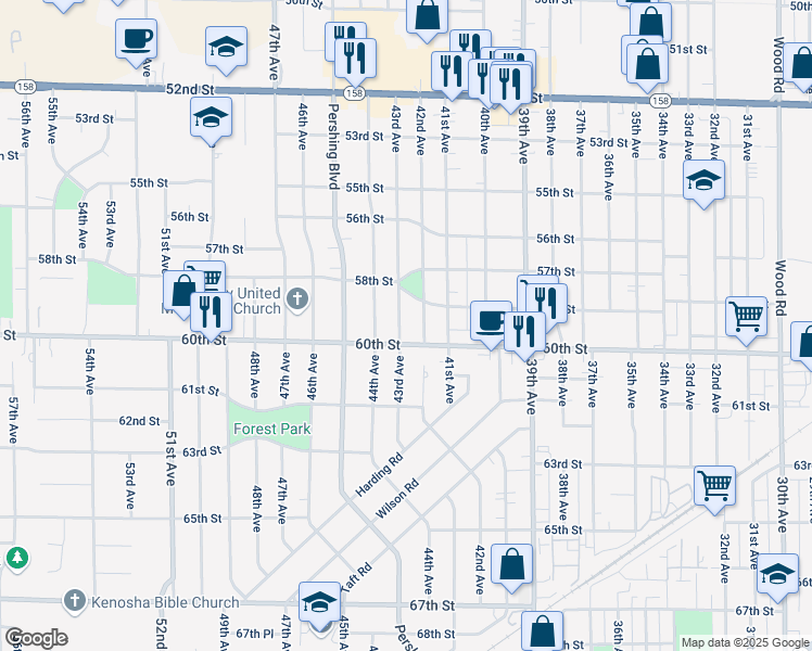 map of restaurants, bars, coffee shops, grocery stores, and more near 5910 43rd Avenue in Kenosha