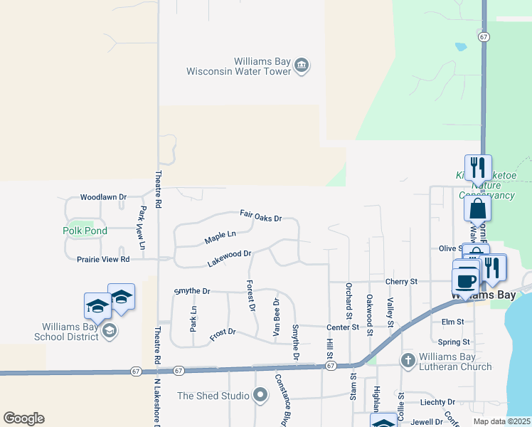 map of restaurants, bars, coffee shops, grocery stores, and more near 396 Fair Oaks Dr in Williams Bay
