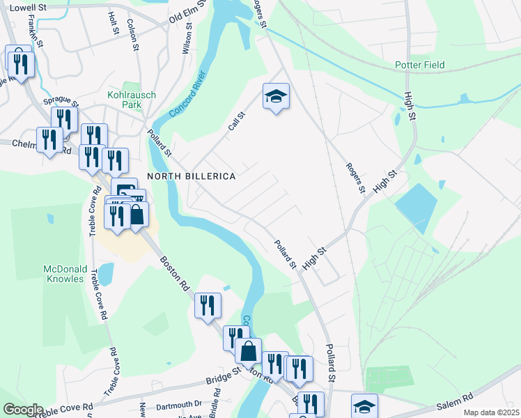 map of restaurants, bars, coffee shops, grocery stores, and more near 16 Horman Street in Billerica