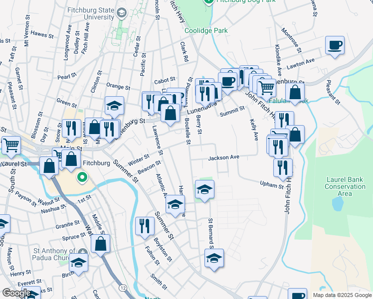 map of restaurants, bars, coffee shops, grocery stores, and more near 82 Winter Street in Fitchburg
