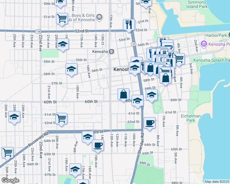 map of restaurants, bars, coffee shops, grocery stores, and more near 1203 58th Street in Kenosha