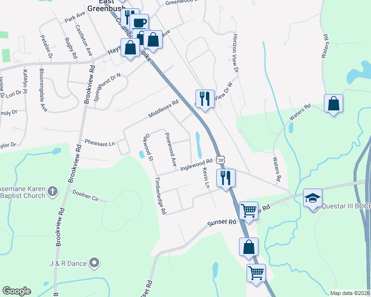 map of restaurants, bars, coffee shops, grocery stores, and more near 8 Maple Ridge Avenue in East Greenbush