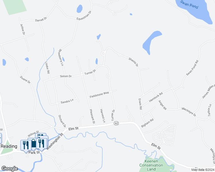 map of restaurants, bars, coffee shops, grocery stores, and more near 16 Turner Drive in North Reading