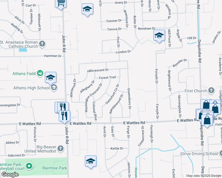 map of restaurants, bars, coffee shops, grocery stores, and more near 4245 Cambridge Crescent Drive in Troy