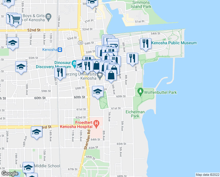map of restaurants, bars, coffee shops, grocery stores, and more near 5925 6th Avenue in Kenosha