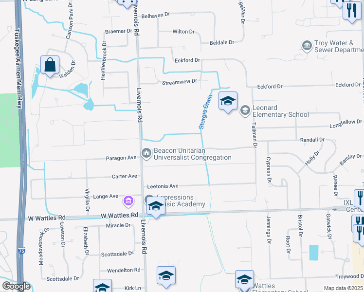 map of restaurants, bars, coffee shops, grocery stores, and more near 197 Randall Drive in Troy