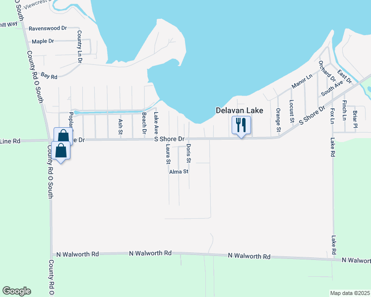 map of restaurants, bars, coffee shops, grocery stores, and more near W6877 South Shore Drive in Delavan