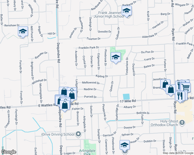 map of restaurants, bars, coffee shops, grocery stores, and more near 2532 Kipling Drive in Sterling Heights