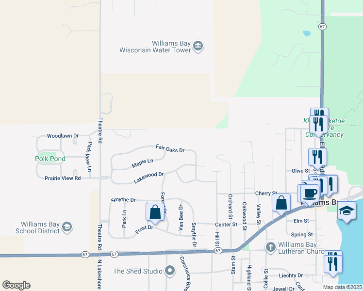 map of restaurants, bars, coffee shops, grocery stores, and more near 396 Fair Oaks Drive in Williams Bay