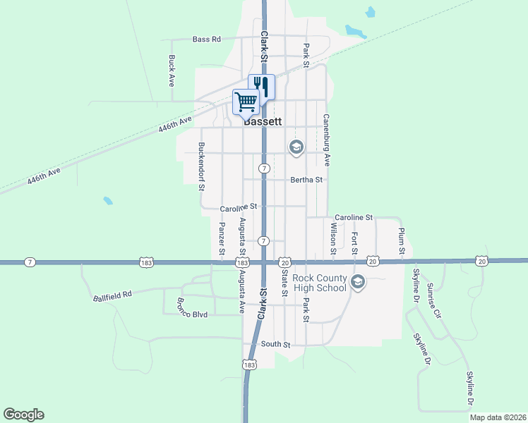 map of restaurants, bars, coffee shops, grocery stores, and more near 503 Clark Street in Bassett
