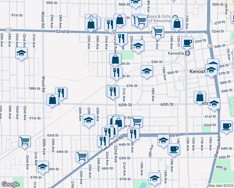 map of restaurants, bars, coffee shops, grocery stores, and more near 5807 22nd Avenue in Kenosha