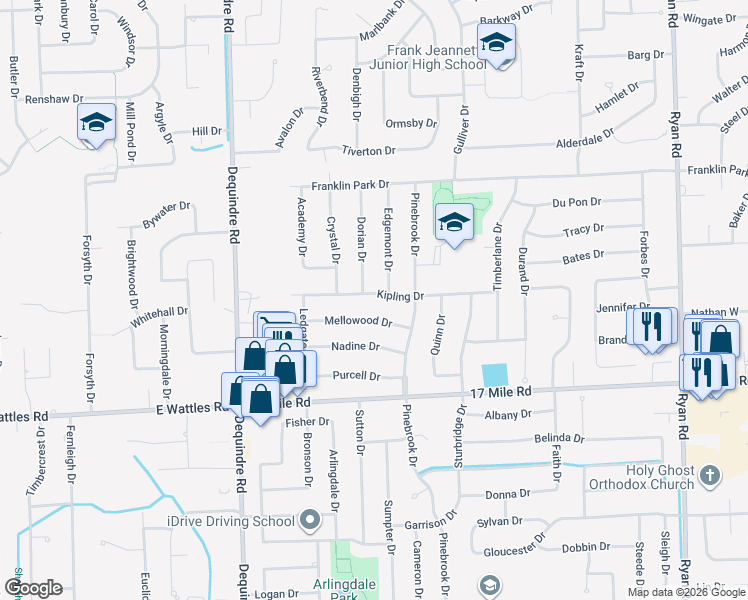 map of restaurants, bars, coffee shops, grocery stores, and more near 2532 Kipling Drive in Sterling Heights