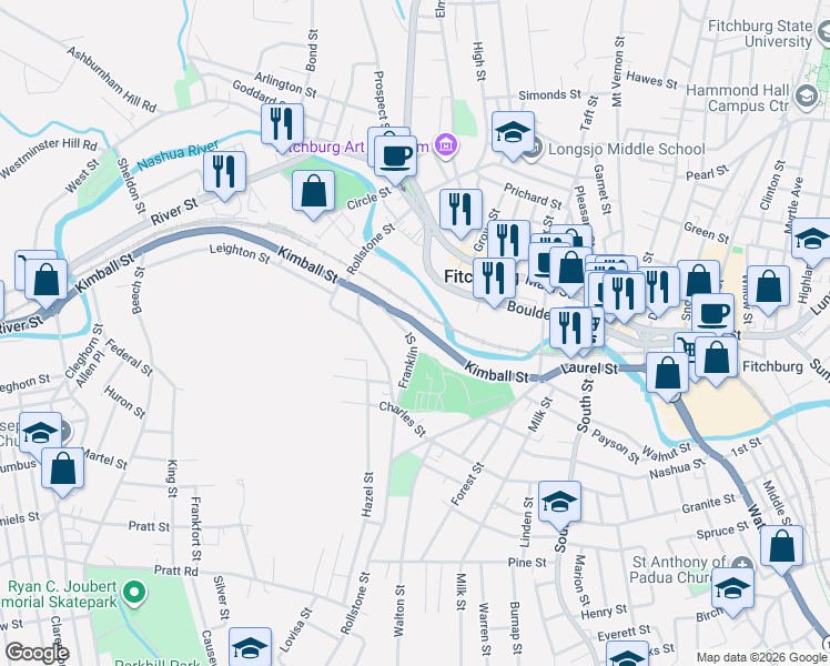 map of restaurants, bars, coffee shops, grocery stores, and more near 46 Franklin Street in Fitchburg