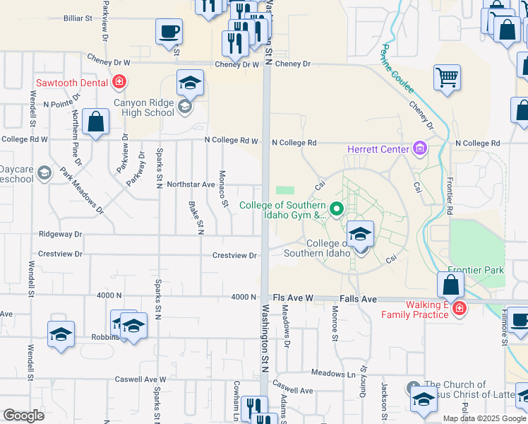 map of restaurants, bars, coffee shops, grocery stores, and more near 1147 Washington Street North in Twin Falls