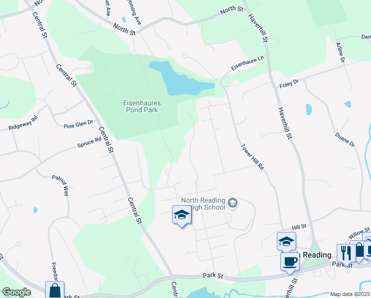 map of restaurants, bars, coffee shops, grocery stores, and more near 25 Maple Road in North Reading
