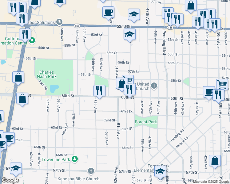 map of restaurants, bars, coffee shops, grocery stores, and more near 5110 60th Street in Kenosha