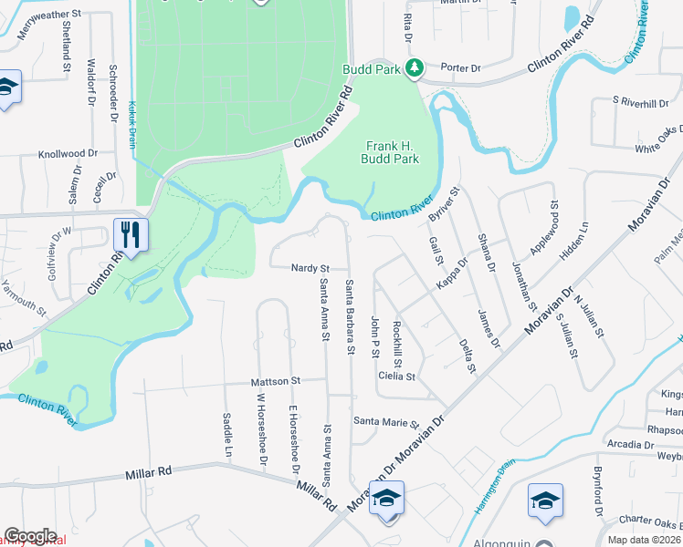 map of restaurants, bars, coffee shops, grocery stores, and more near 38621 Nardy Street in Clinton Township