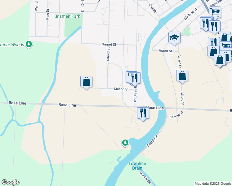 map of restaurants, bars, coffee shops, grocery stores, and more near 15 Mason Street in Wallaceburg