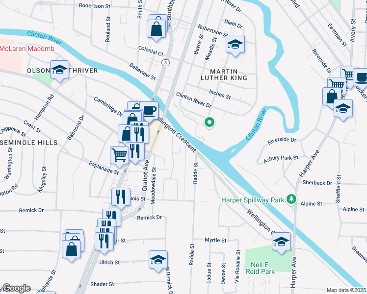 map of restaurants, bars, coffee shops, grocery stores, and more near 38653 Wellington Drive in Clinton Township