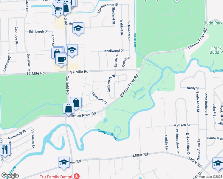map of restaurants, bars, coffee shops, grocery stores, and more near 38644 Golfview Drive West in Clinton Township
