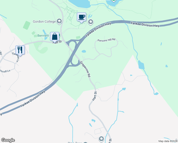 map of restaurants, bars, coffee shops, grocery stores, and more near 349 Grapevine Road in Wenham