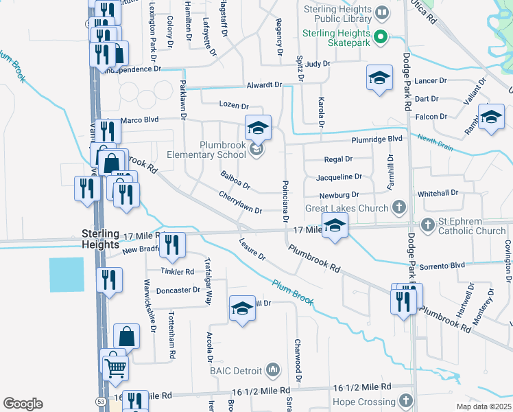 map of restaurants, bars, coffee shops, grocery stores, and more near 8733 Cherrylawn Drive in Sterling Heights