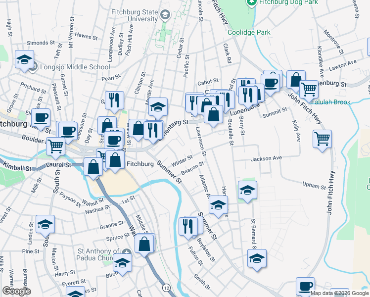 map of restaurants, bars, coffee shops, grocery stores, and more near 29 Brigham Park in Fitchburg