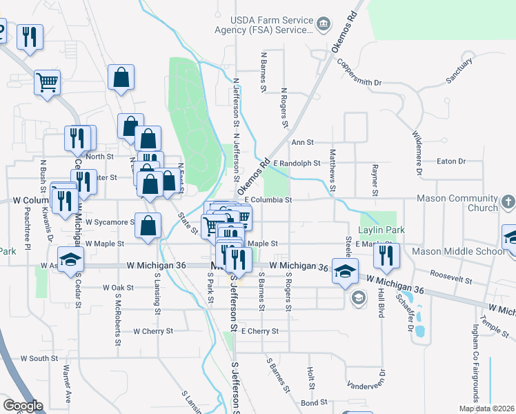 map of restaurants, bars, coffee shops, grocery stores, and more near 134 East Columbia Street in Mason
