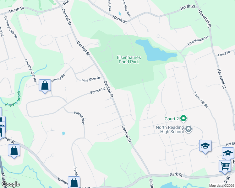 map of restaurants, bars, coffee shops, grocery stores, and more near in North Reading