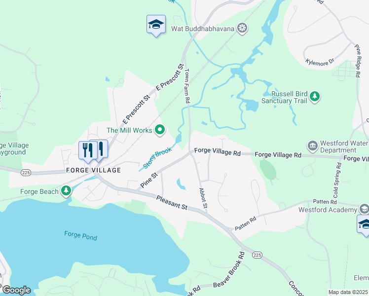 map of restaurants, bars, coffee shops, grocery stores, and more near 25 Pine Street in Westford