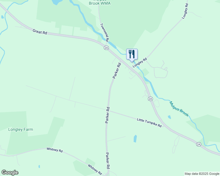 map of restaurants, bars, coffee shops, grocery stores, and more near 53 Parker Road in Shirley
