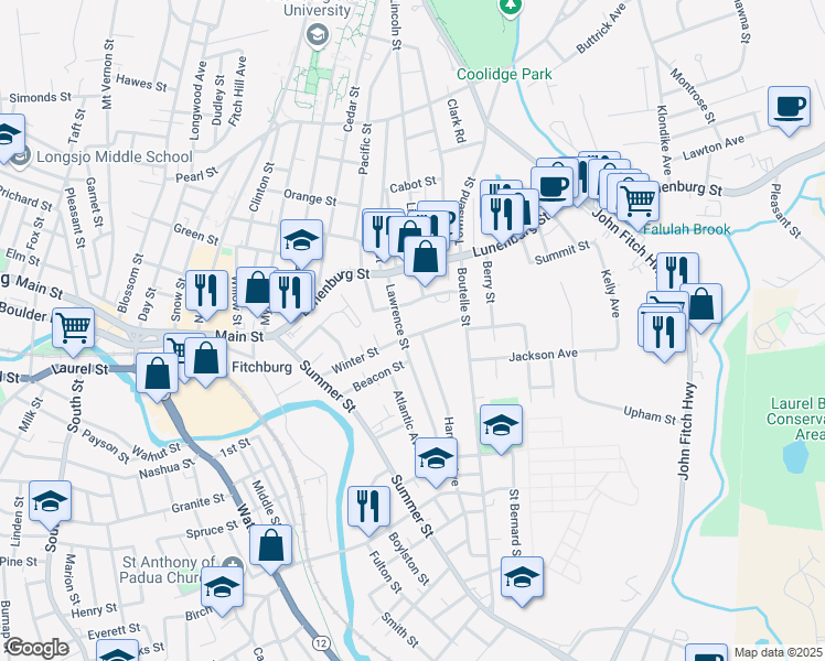 map of restaurants, bars, coffee shops, grocery stores, and more near 28 Lawrence Street in Fitchburg