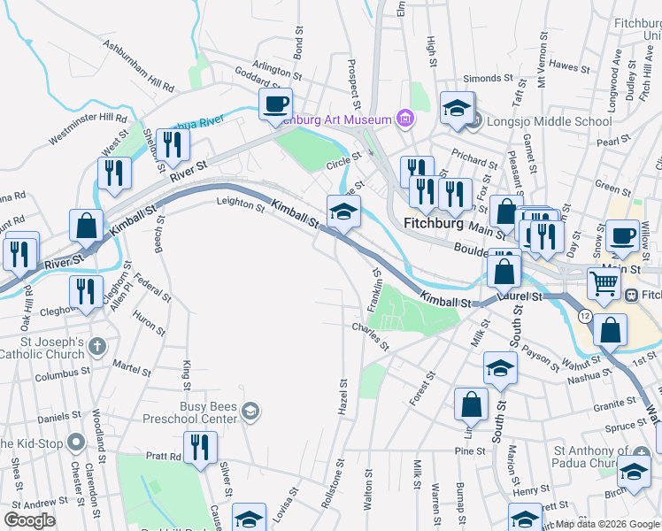 map of restaurants, bars, coffee shops, grocery stores, and more near 9 Bruce Street in Fitchburg