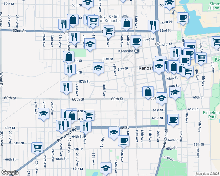 map of restaurants, bars, coffee shops, grocery stores, and more near 1624 59th Street in Kenosha