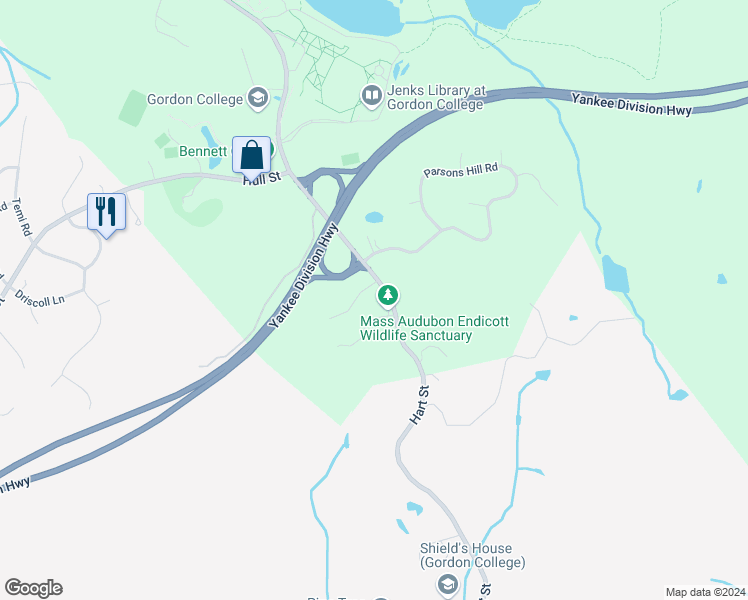 map of restaurants, bars, coffee shops, grocery stores, and more near 338 Grapevine Road in Wenham