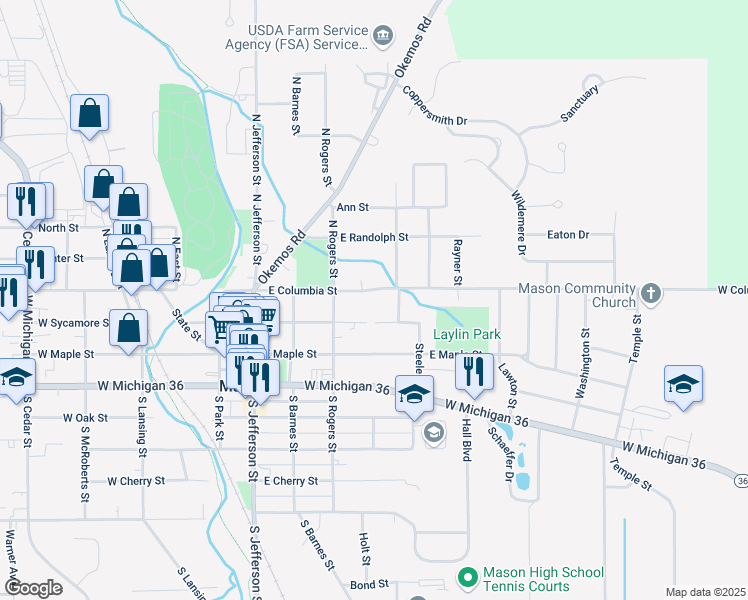 map of restaurants, bars, coffee shops, grocery stores, and more near 402 East Columbia Street in Mason