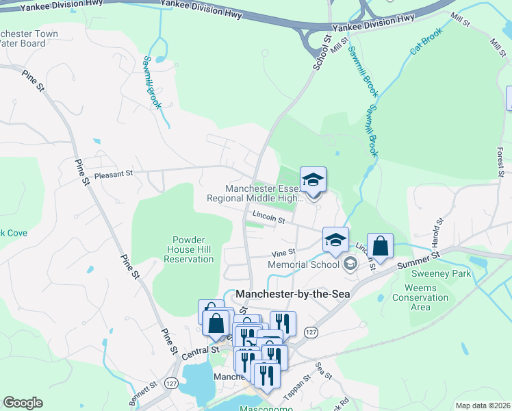 map of restaurants, bars, coffee shops, grocery stores, and more near 3 Rosedale Avenue in Manchester-by-the-Sea