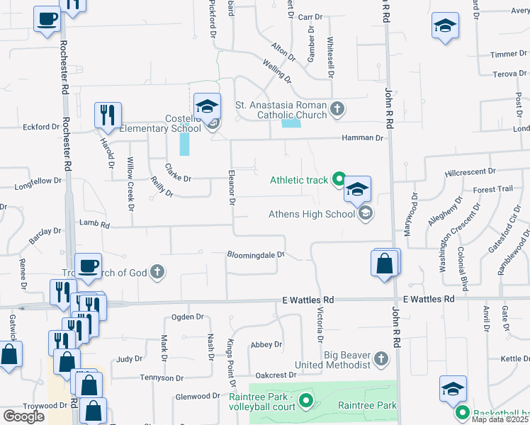 map of restaurants, bars, coffee shops, grocery stores, and more near 1614 Rockfield Drive in Troy
