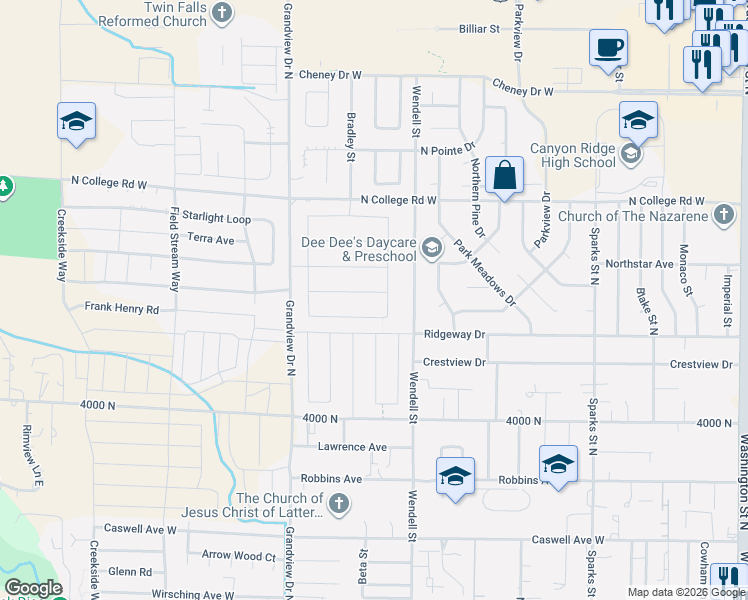 map of restaurants, bars, coffee shops, grocery stores, and more near 1120 Wendell Street in Twin Falls