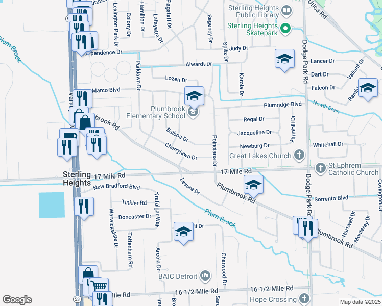 map of restaurants, bars, coffee shops, grocery stores, and more near 8733 Cherrylawn Drive in Sterling Heights