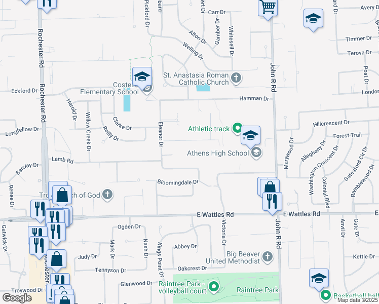 map of restaurants, bars, coffee shops, grocery stores, and more near 1614 Rockfield Drive in Troy