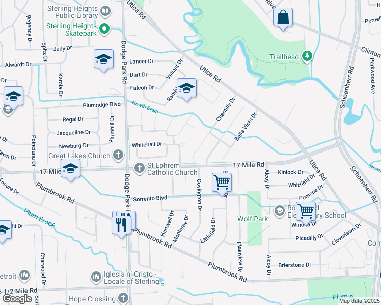 map of restaurants, bars, coffee shops, grocery stores, and more near 39115 Chantilly Drive in Sterling Heights