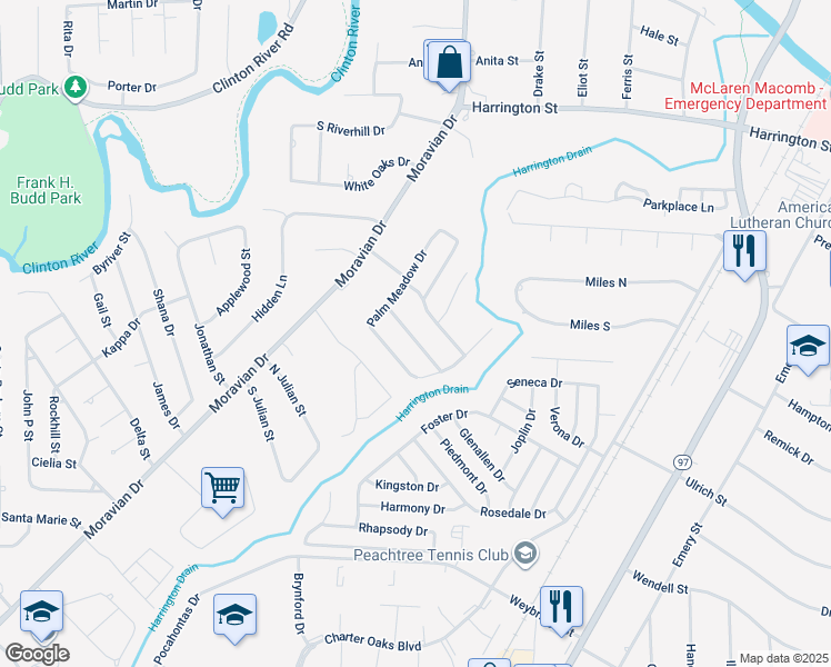 map of restaurants, bars, coffee shops, grocery stores, and more near 20471 Pine Meadow Drive in Clinton Township