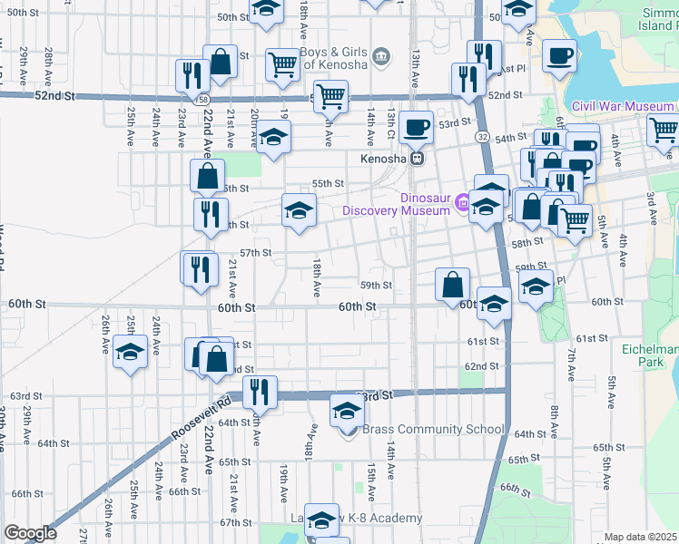 map of restaurants, bars, coffee shops, grocery stores, and more near 1624 59th Street in Kenosha