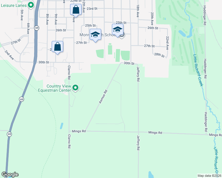map of restaurants, bars, coffee shops, grocery stores, and more near N2209 Asmus Road in Monroe